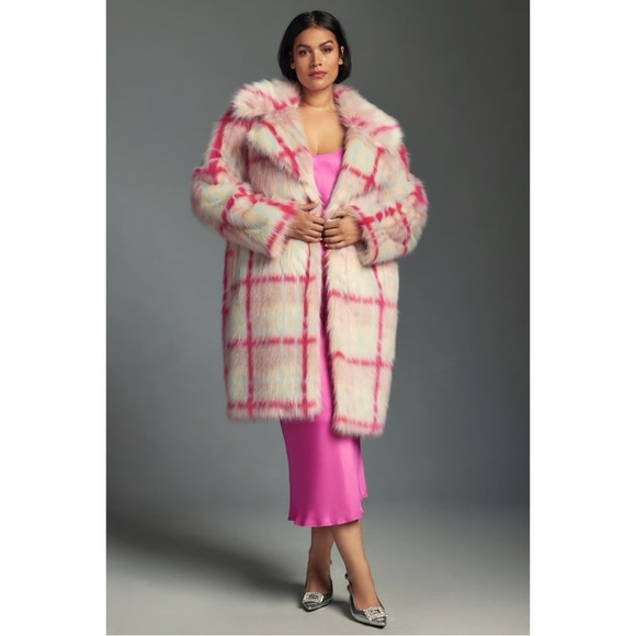 Anthropologie NVLT Faux Fur Pink Plaid Coat NWOT - Picture 5 of 6